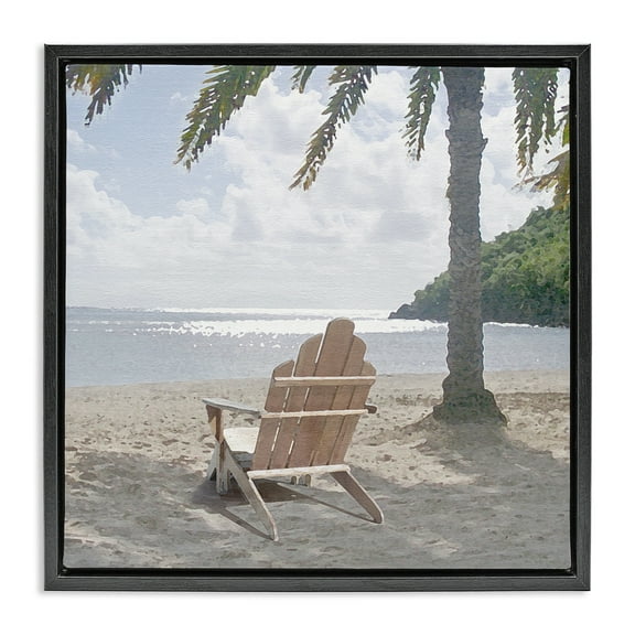 Stupell Industries Chair Under Palm Tree Coastal Photography Black Floater Framed Canvas Art Print Wall Art, 18 x 18