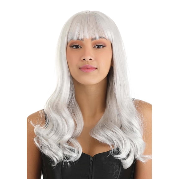 Glamorous Gray Wavy Long Wig for Women - High-Quality Synthetic Hair with Blunt Bangs, Comfortable Elastic Wig Cap for Perfect Fit