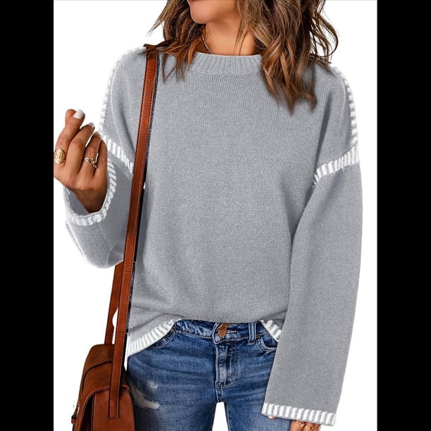 Suéteres para Mujer, Cuello Redondo Liso, Corte Holgado, Larga, Punto en Contraste, Jersey, Tops Gris L