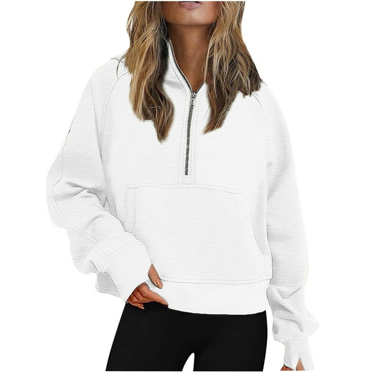 JWZUY Womens Thumb Hole Long Sleeve Fleece Quarter Zip Pullover Sweatshirts  Half Zip Cropped Hoodies Fall Outfits Clothes White M 