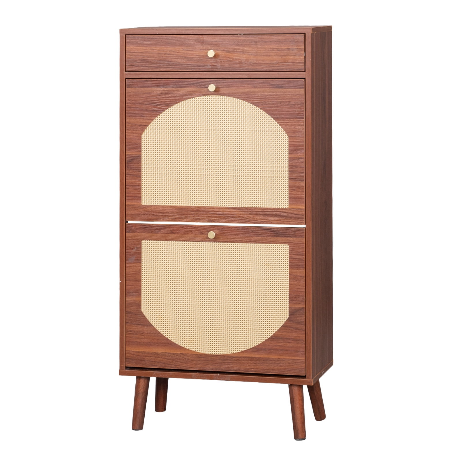 Shoe Cabinet with 1 Drawer & 2 Flip-Down Compartments, Brown Finish Particle Board Shoe Storage Organizer, Slim Space-Saving Entryway Shoe Cabinet for Hallway Apartment
