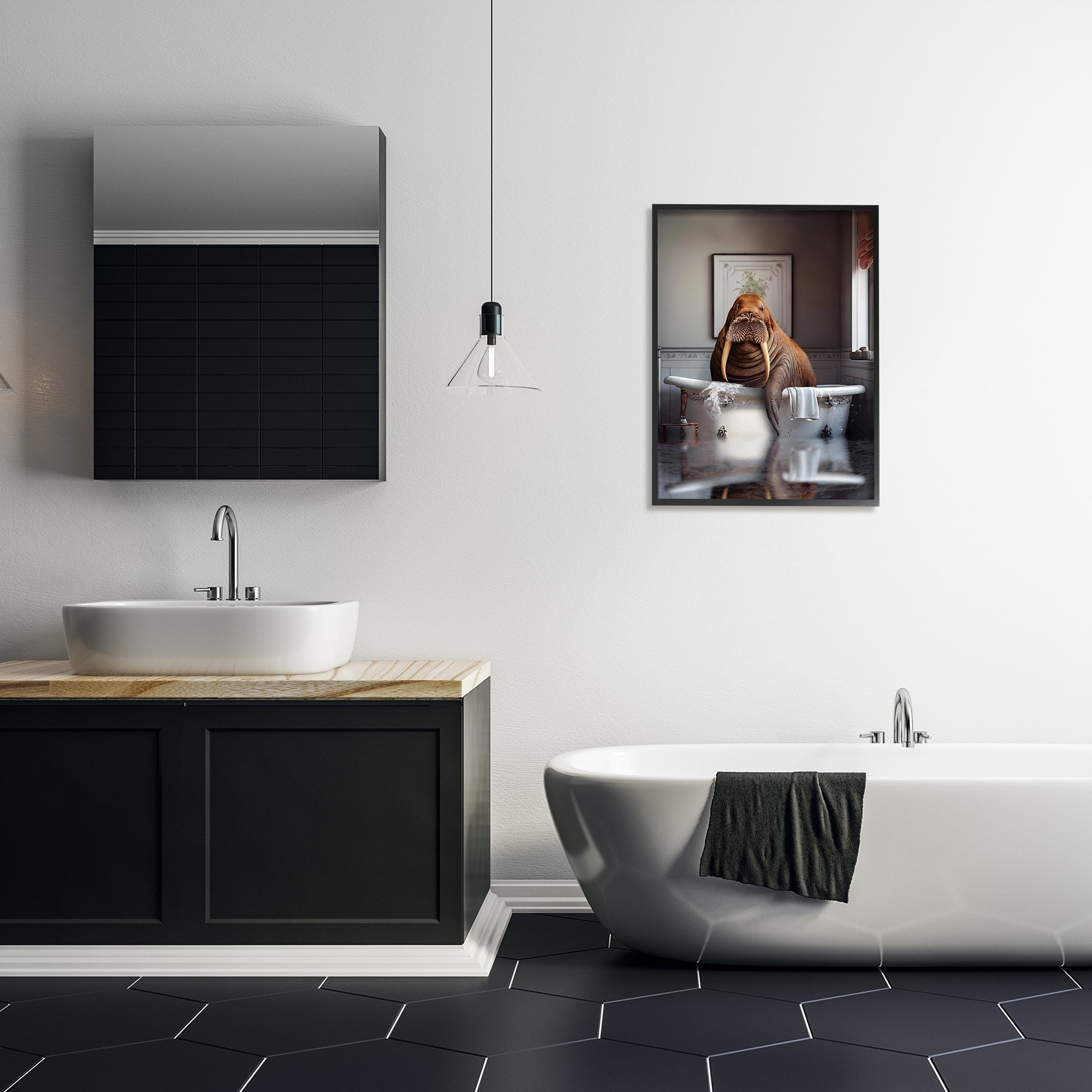 Stupell Industries Walrus in Bathtub Animals & Insects Painting Black Framed Art Print Wall Art, 24 x 30
