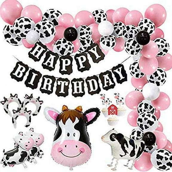 Finypa Funny Cow Party Decoration Kit 85pcs Cow Print Baby Pink Balloons