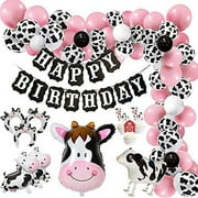 Finypa Funny Cow Party Decorations Balloon 85pcs Arch Garland Kit with Happy Birthday Banner, Cow Print Balloons Baby Pink Balloons, Walking Cow Mylar Balloon for Farm Birthday Party Farm Animal Theme