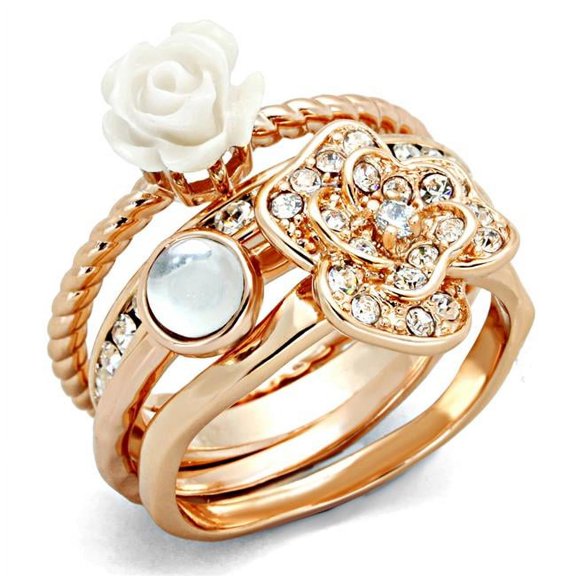 Alamode 3W1490-10 Women Rose Gold Brass Ring with Synthetic in White - Size 10