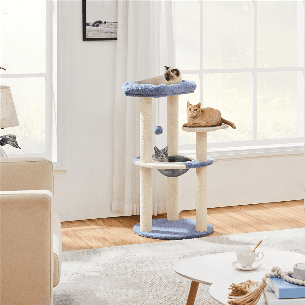 Alden Design 35.5″H Ocean Cat Tree with Padded Perch Natural Sisal for Kittens, Blue/Beige