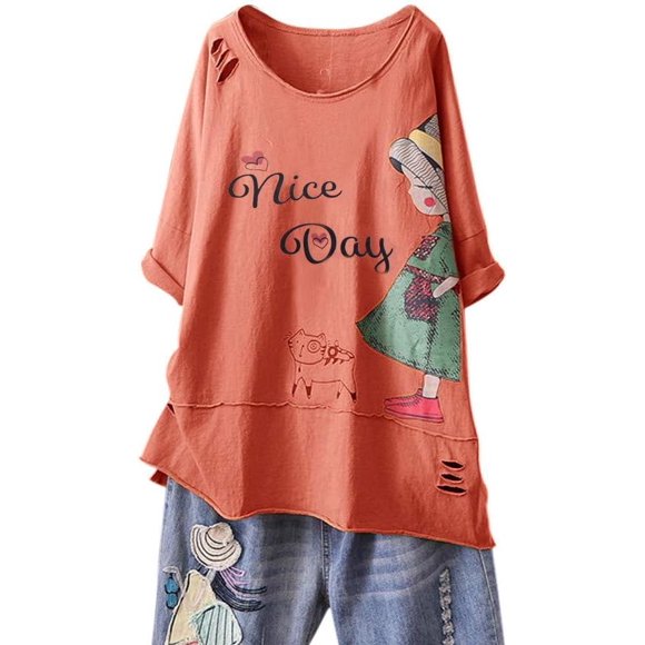 Hauts d'Été pour Femmes T-Shirts Ajustés à Col en V pour Femmes Blouse de Mode à Manches Imprimé Dessin Animé Col Rond Court et Blouse pour Femmes