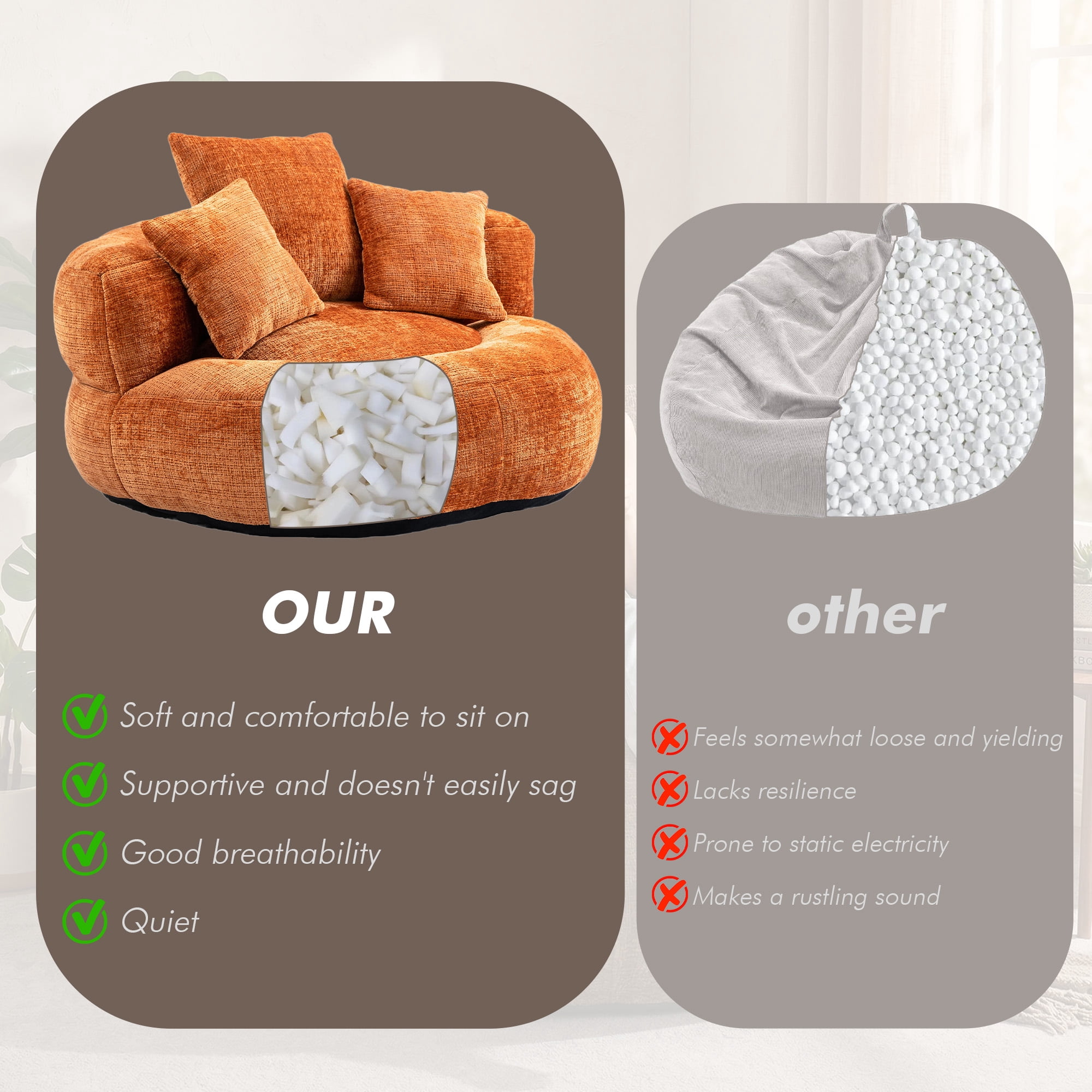 MOONMISS Oversized Bean Bag Chair, Chenille Lazy Bean Bag Sofa with Wrap-Around Backrest & Pillows for Living Room,Orange