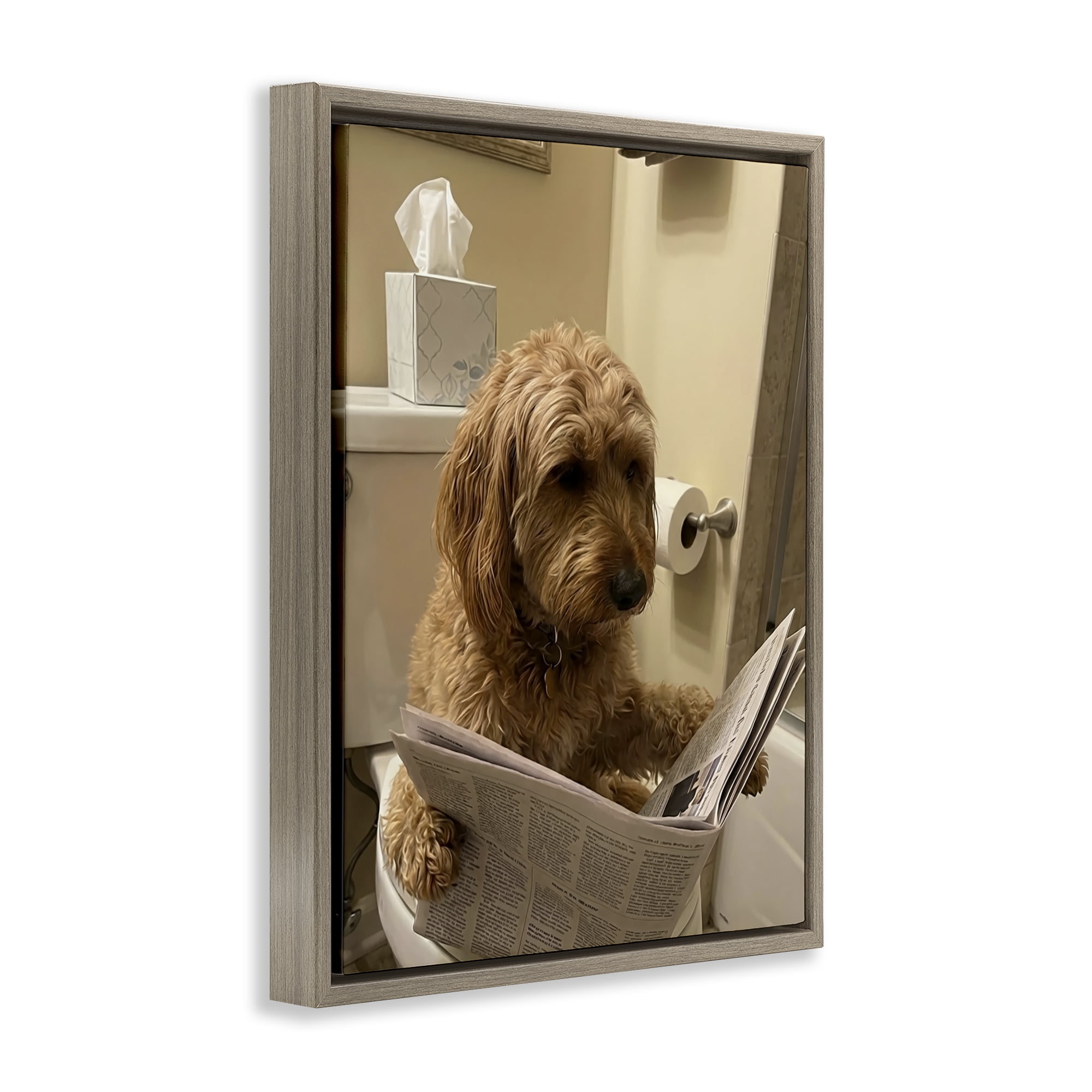 Stupell Industries Dog & Paper on Toilet Brown Framed Floater Canvas Wall Art, design by Abigail Walker