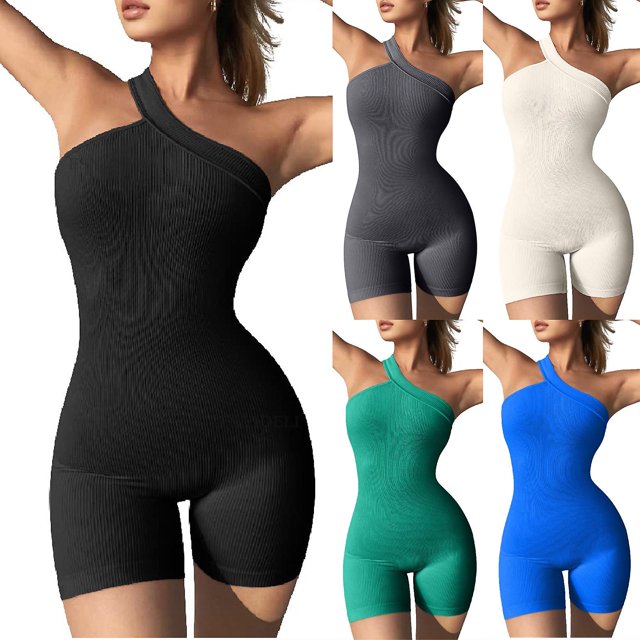 Monos de Yoga para mujer, monos sexys sin mangas con un solo hombro, corte entallado y acanalado, pantalones cortos