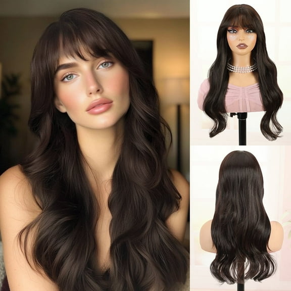 Phocas Long Hair Toppers for Women with Thinning Hair 6*6.5 inch Large Coverage Synthetic Wavy Curly Topper Hairpiece with Bangs for(Natural Black)