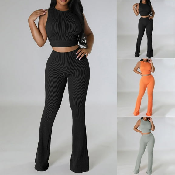 ZZwxWA Women's Lounge Sets 2 Piece Outfits Sleeveless Crops Tank Tops Flare Pants Loungewear Sweatsuit Skim Sets Solid