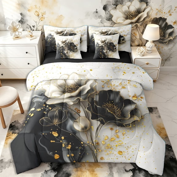 Castle Fairy Luxury Ink Gold Floral Art 7-Piece Twin Bedding,Black White Flower Glitter Splash Layout Bedding Comforter Set,Gold Gray,Black Reversible