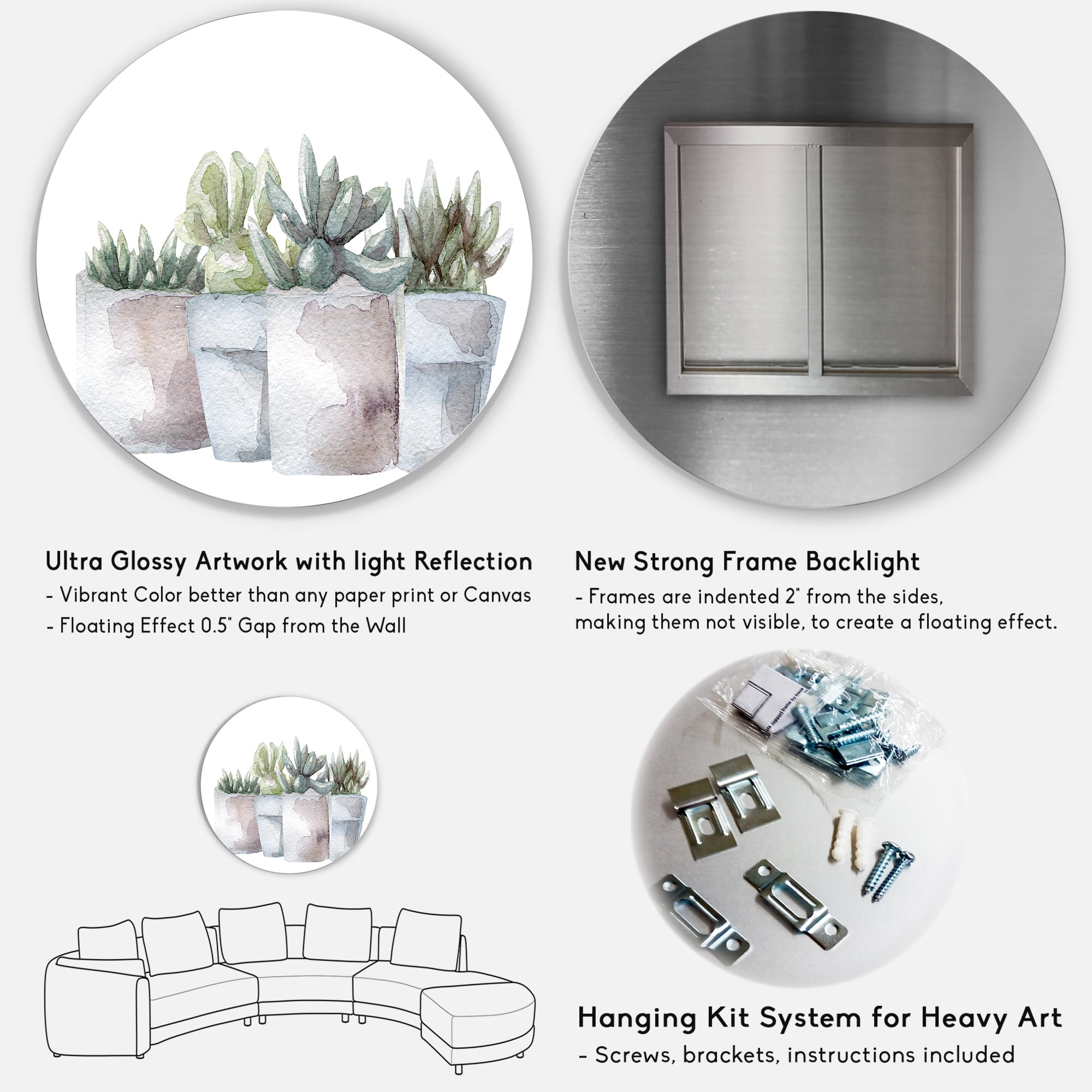 Designart 'Succulent and Cactus House Plants III' Farmhouse Circle Metal Wall Art 11x11 - Disc of 11
