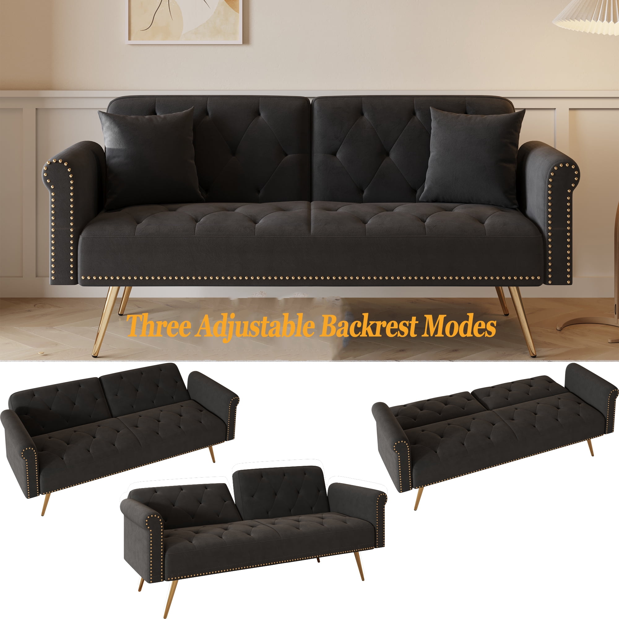 Convertible Futon Sofa Bed,Modern Velvet Upholstered Loveseat Sofa Nailhead Sleeper Couch Bed with Two Pillows for Living Room,Bedroom,Black02