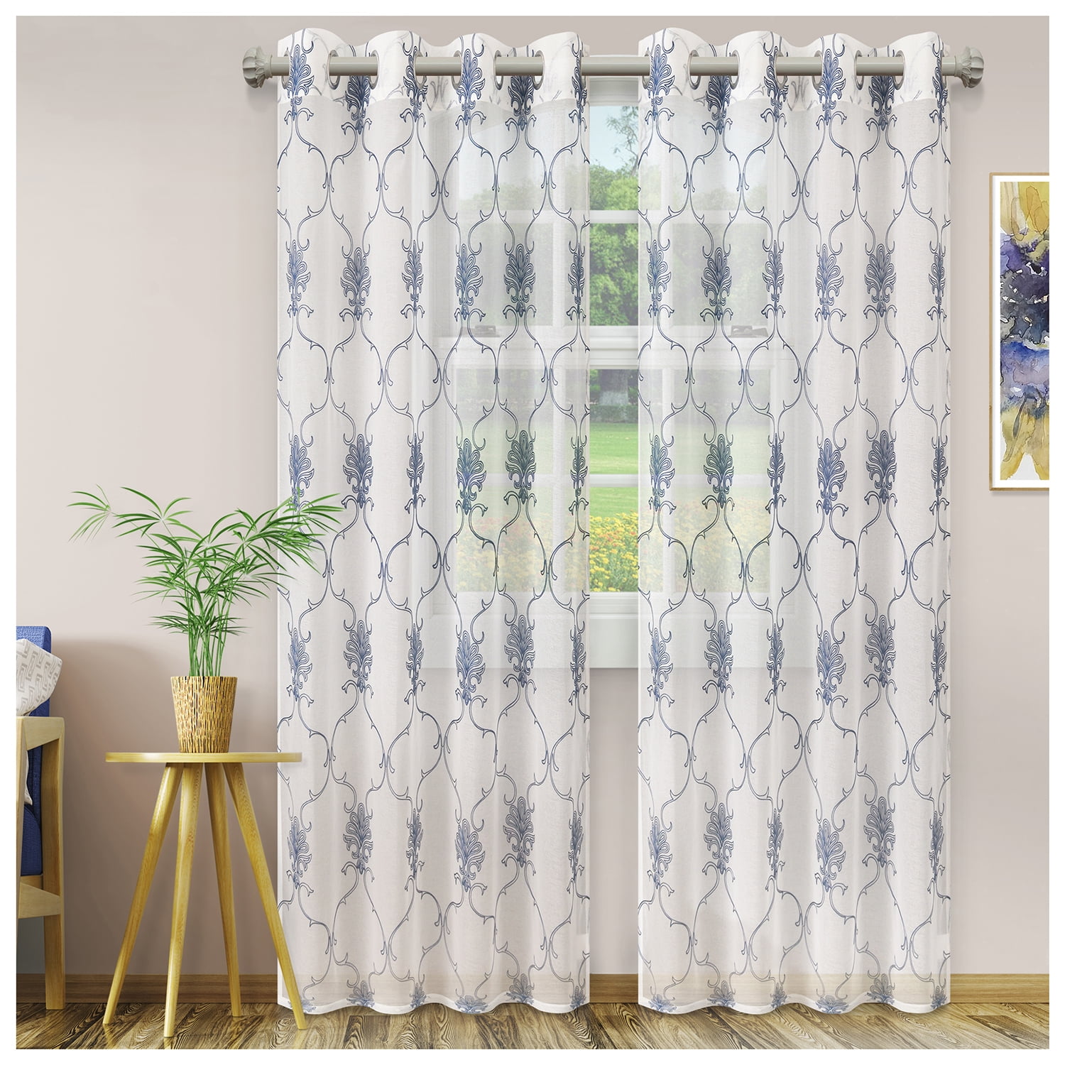 Embroidered Elegant Scroll Sheer Grommet Curtain Panel Set by Blue Nile