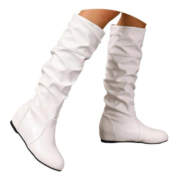 Xiaoxatg Women's Mid-Calf Boots Comfortable Heel On Platform Booties with Round Toe Non- Sole Casual Winter Footwear 9.5 White