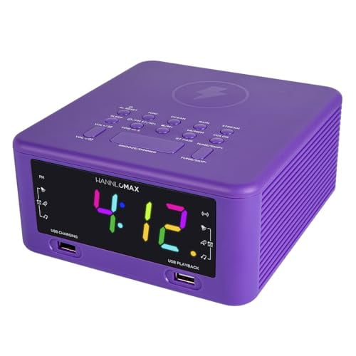 HANNLOMAX HX-206Wi Radio despertador con cargador inalámbrico, pantalla a color RGB, puerto USB para carga y reproducción de MP3, Bluetooth, sonidos relajantes para dormir, entrada auxiliar, funcionam
