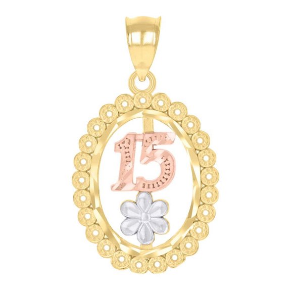 Auriga 14k Gold Tri-Color 15 Anos Quinceanera Charm Pendant for Women