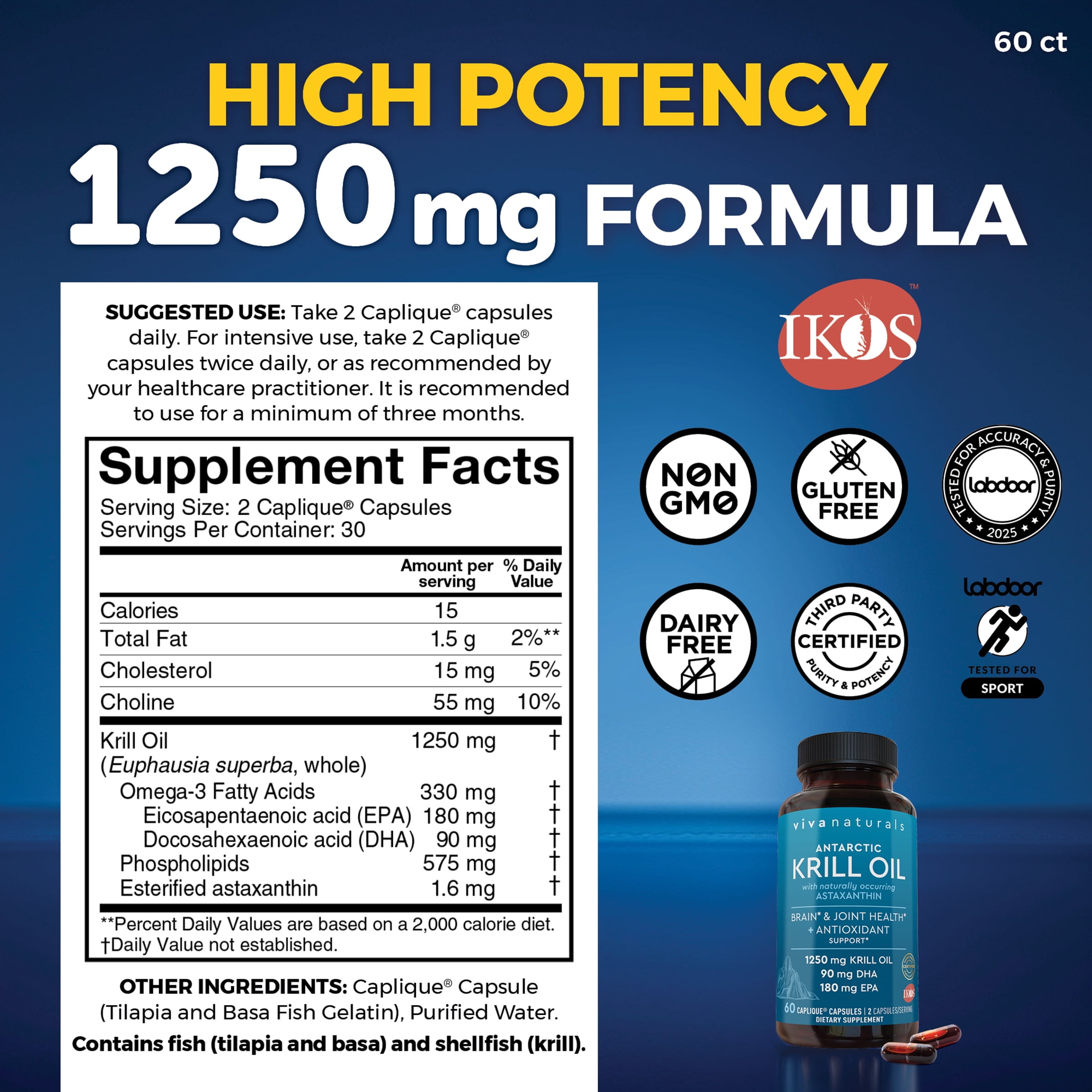 Viva Naturals Antartic Krill Oil 1250 mg, 60 Pescatarian- Friendly Capsules, Brain & Joint Support*
