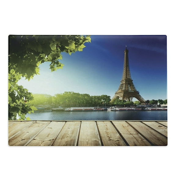 Paris Cutting Board, Eiffel Tower France European Design Seine River Wooden Jets Photo Paris Traveling, Decorative Tempered Glass Cutting and Serving Board, in 3 Sizes, by Ambesonne