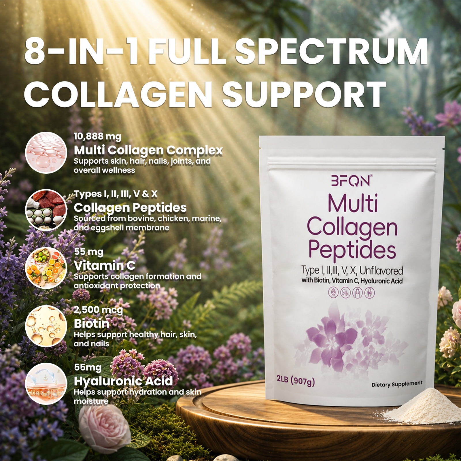 Multi Collagen Protein Powder, 2 Pounds – Type I, II, III, V, X, Hydrolyzed Collagen, Hyaluronic Acid Power, Biotin, Vitamin C – Unflavored Collagen Peptides – Easy Dissolve