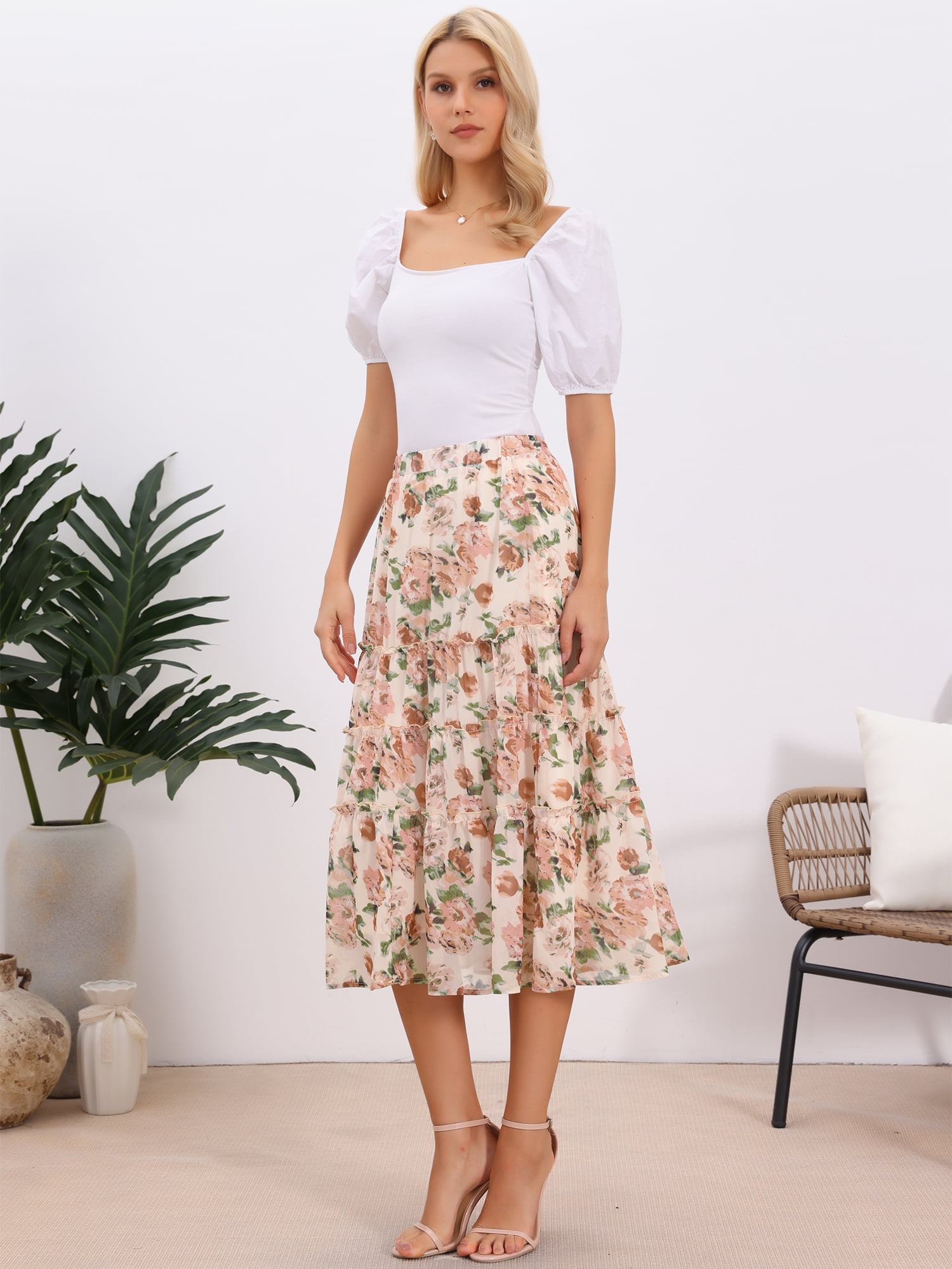 DARING DIVA Women's Floral Chiffon A-line Long Tiered Ruffle Maxi Skirt S Apricot
