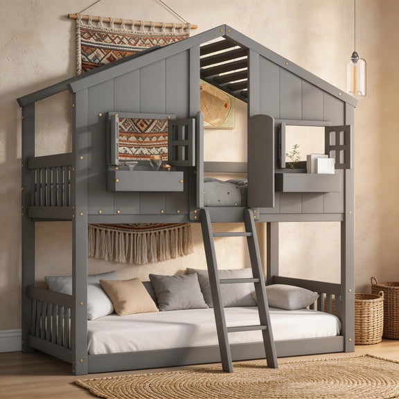 Sailvan Twin over Twin House Bunk Bed with Roof and Window, Low Height Safety Design Grey