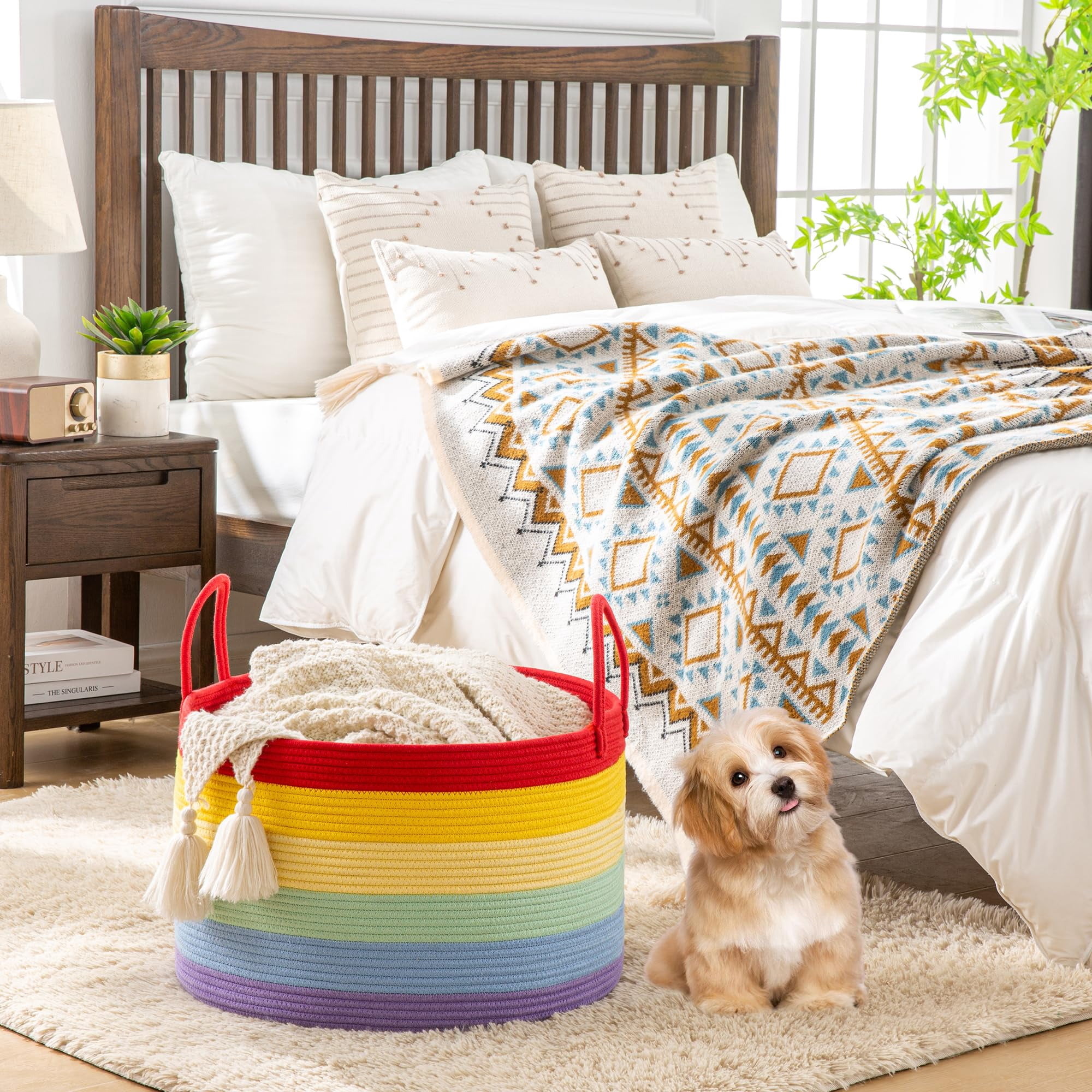 Large Blanket Basket (20"x13"),Woven Baskets for storage Baby Laundry Hamper, Cotton Rope Blanket Basket