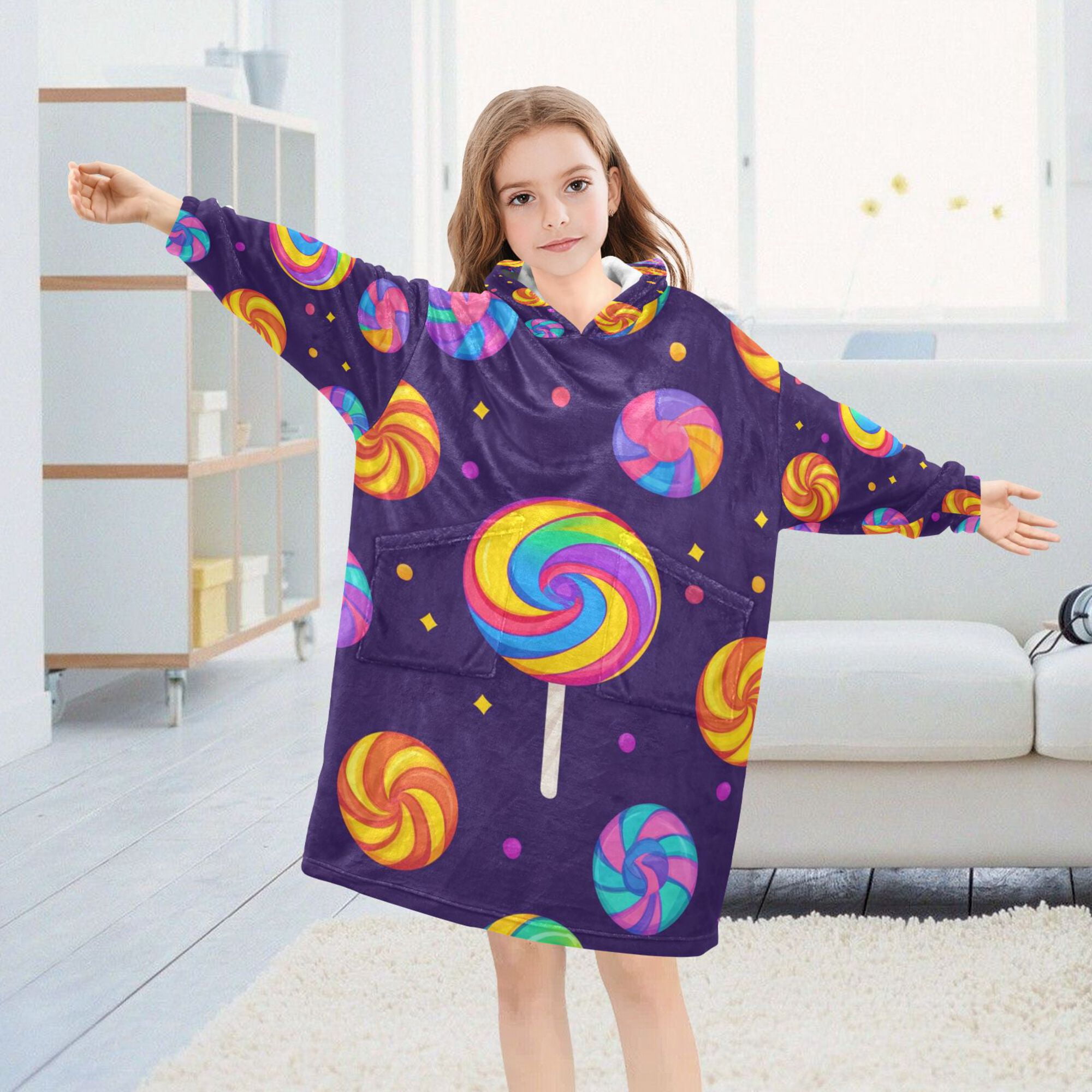 FORMRS Wearable Blanket Hoodie with Sleeves for Kids Cozy Flannel Sweatshirt, Candy Carnival