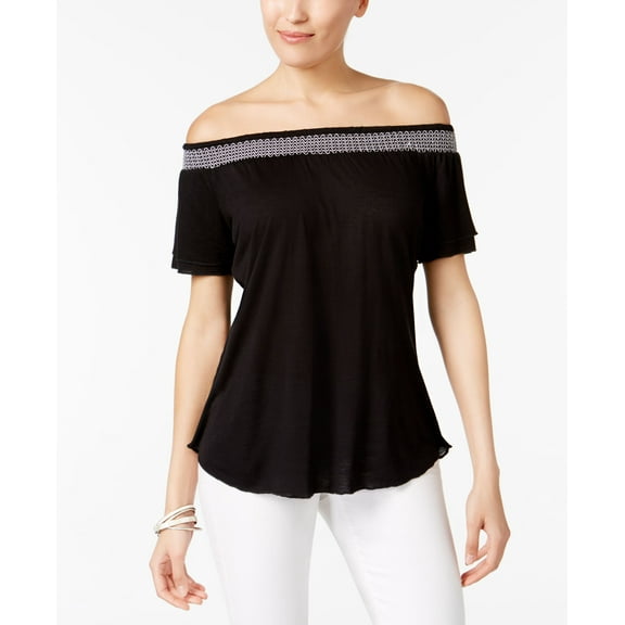 NY Collection Petite Smocked Off The Shoulder Top Black PXL
