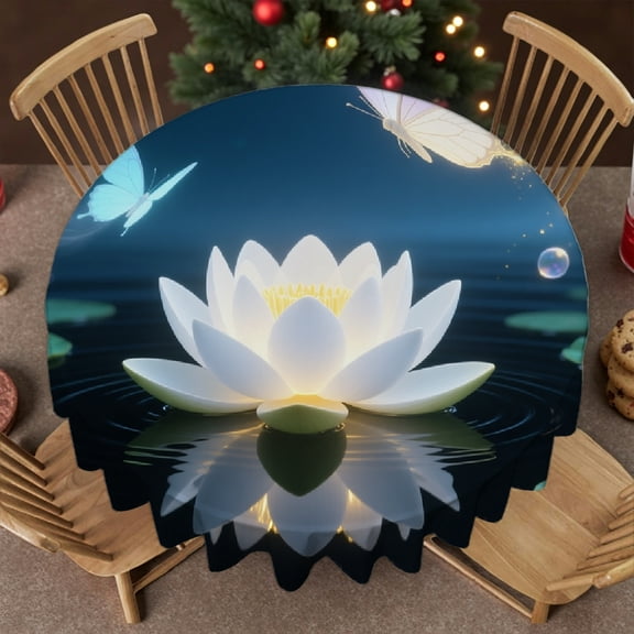Dragonfly with Water Lily Flowers tablecloths for round tables, Polyester Tablecloths - Festive Table Setting Tablecloth for dining table, Cafe, picnic,60x60 Inch