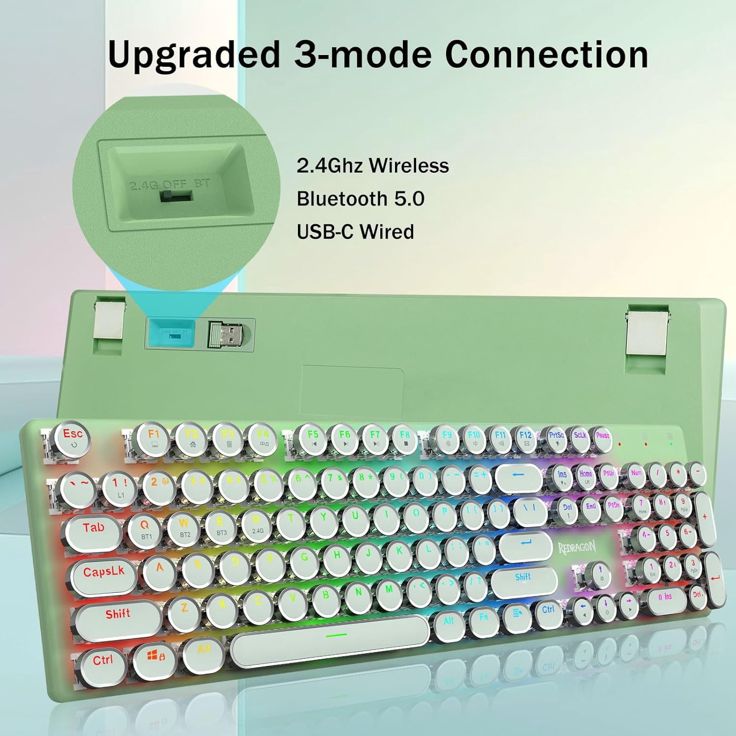 Wireless Typewriter Mechanical Gaming Keyboard, Bluetooth/2.4Ghz/Wired,Blue Switch - Clicky, Rechargeable, Solid Metal Panel, Round Keycaps, Green