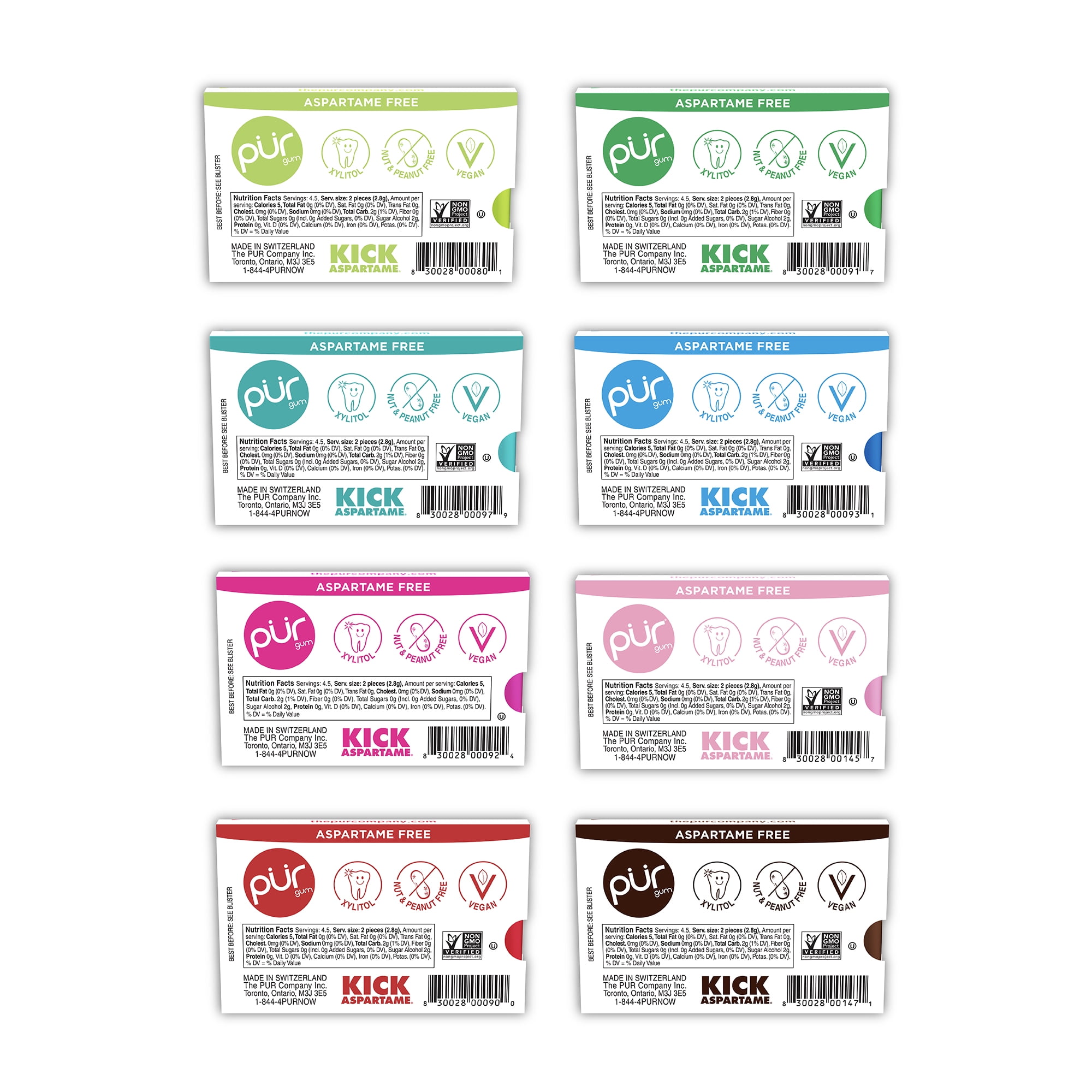 PUR Gum, Aspartame Free, Sugar Free & 100% Xylitol, Chewing Gum, Variety Pack,  9 Pieces, Pack of 8
