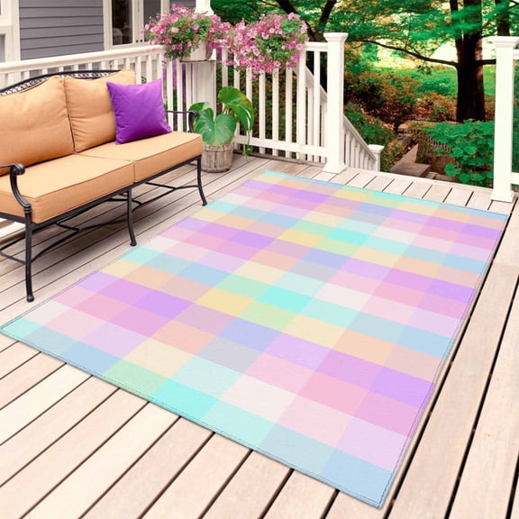 Pink Blue Outdoor Rug for Patio/Deck/Porch, Non-Slip Large Area Rug 5 x 8 Ft, Buffalo Plaid Checker Modern Gingham Lattice Indoor Outdoor Rugs Washable Area Rugs, Reversible Camping Rug Carpet Runner