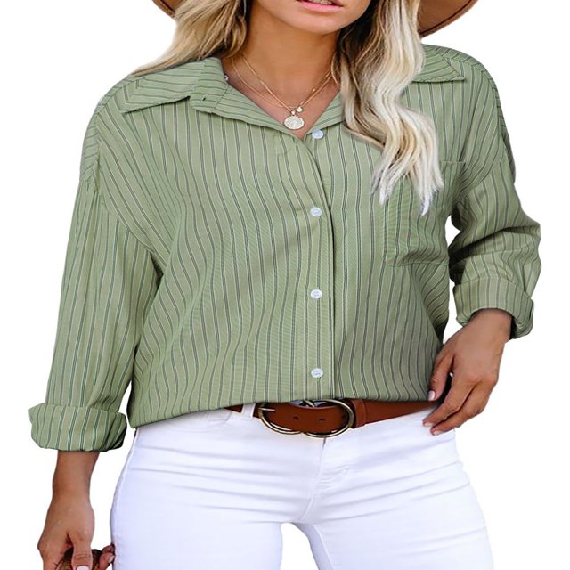 CHOK Blouse Tops pour Femmes Manches Longues Automne Rayé Imprimé Confortable Tops Chemises Décontractées Col Rabattu Léger Blouses avec Poches Bleu Ciel G