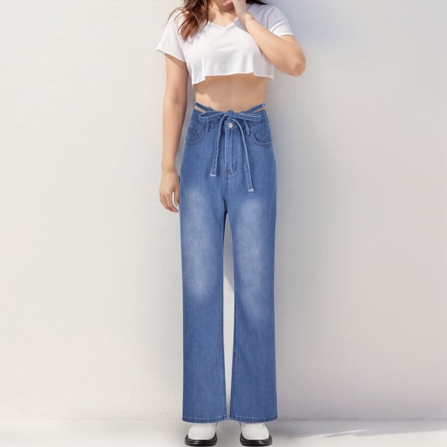iTNHFP Womens Fashion Women's Retro High Waisted Drawstring Spring and Summer Straight Leg Wide Leg Denim Pants