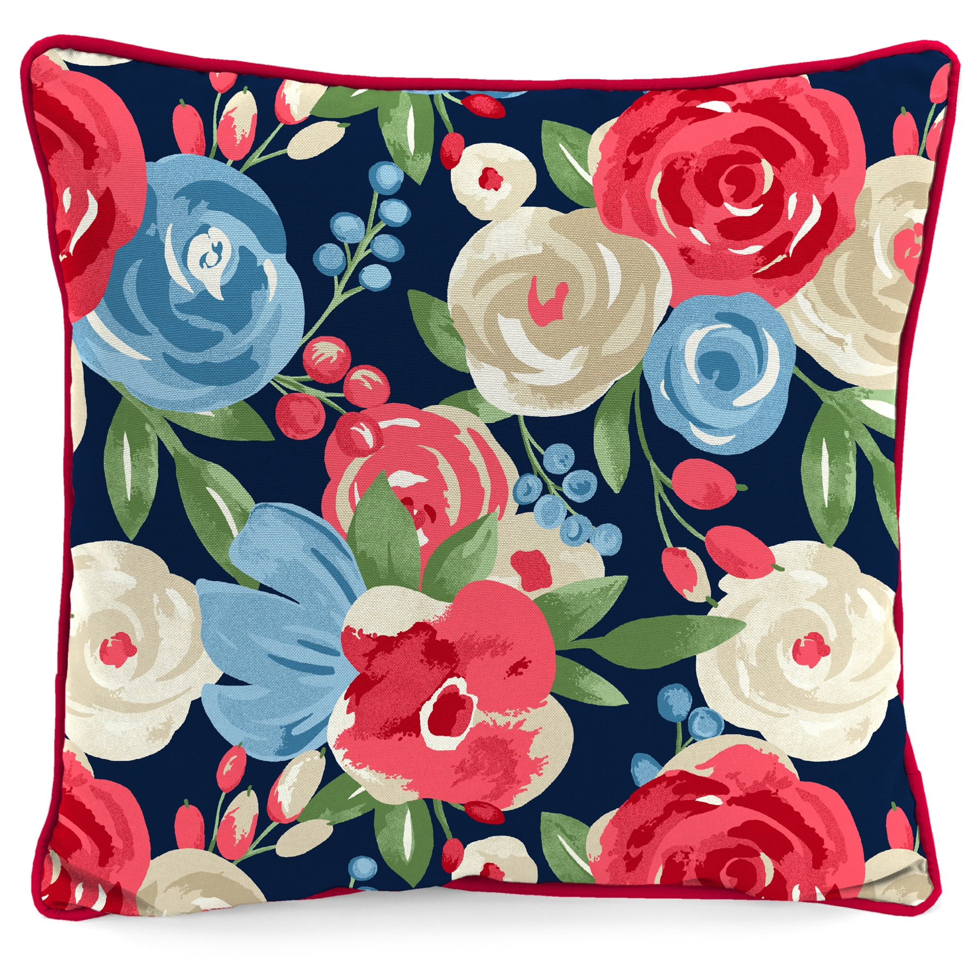 Jordan Manufacturing 16" x 16" Love Grows Here Navy Novelty and Multicolor Floral Reversible Square Outdoor Throw Pillow with Welt