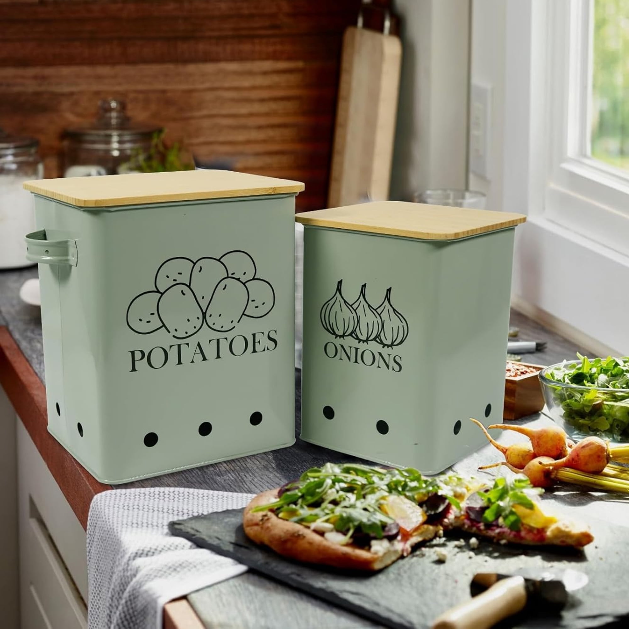 Brabtod Pantry Organizers Storage,2 Set Stackable Kitchen Counter Organizers for Onion,Potato,Fruit,Produce and Vegetable,Kitchen Storage Canister,Green