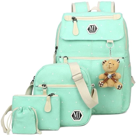 4Pcs Polka Dot Women Canvas Daypack Casual School Bag for Girls Middle High School Backpack Set with Lunch Bag,Green