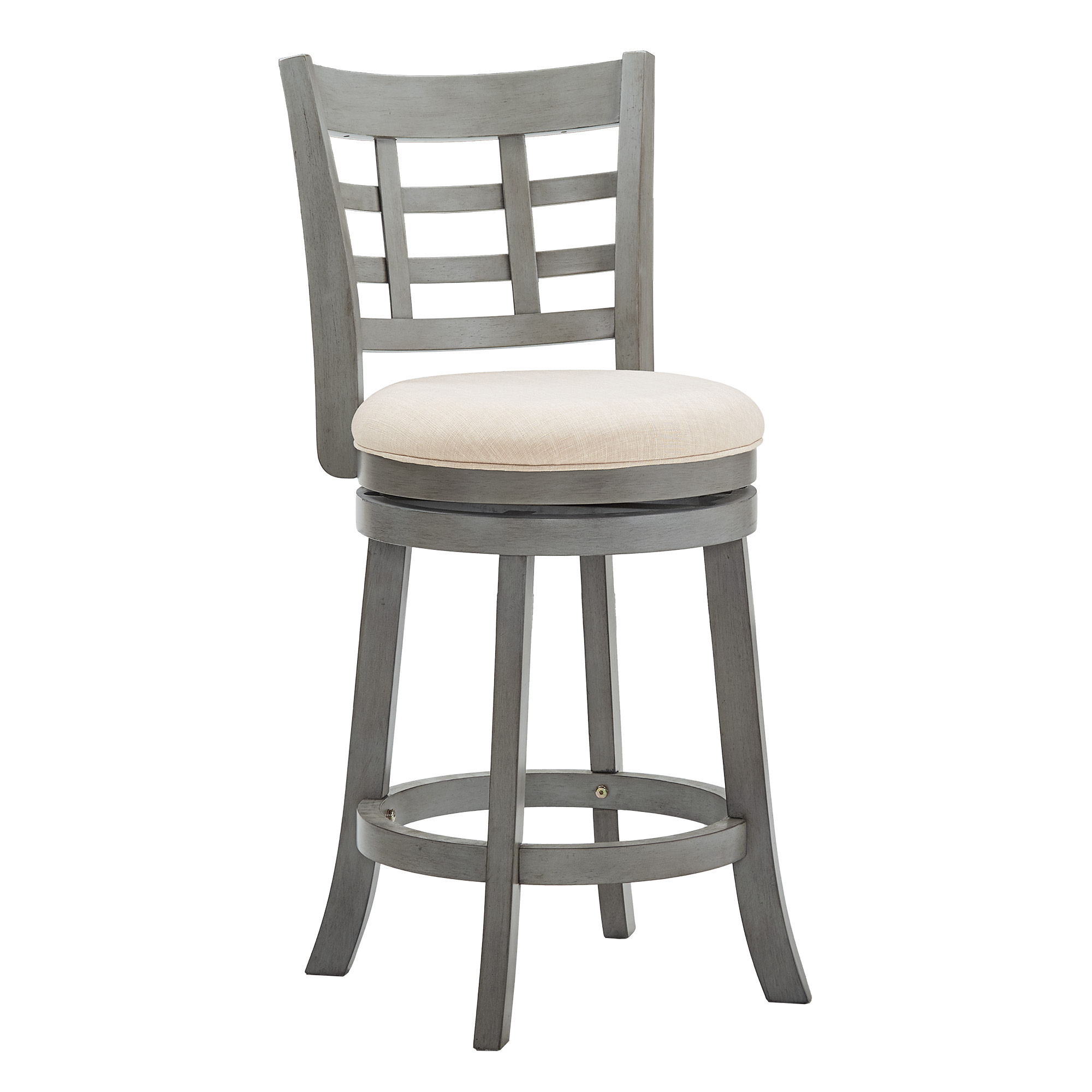 Weston Home Shapel Window Back 24"H Swivel Counter Height Stool, Antique Grey Finish, Beige Linen