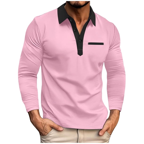 Blusa y camisa de manga larga con cuello vuelto y botones para hombre, blusa deportiva de manga larga con empalme para hombre