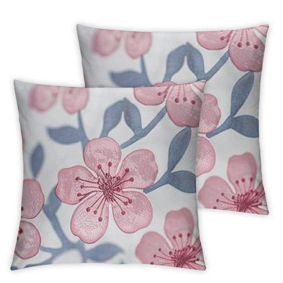 Coastal Patio Indoor Outdoor Throw Pillow Cover Only, 18"x18" Water Repellent for Backyard, Couch, Blush Pink Baby Blue Embroidered Hibiscus Floral with Piping