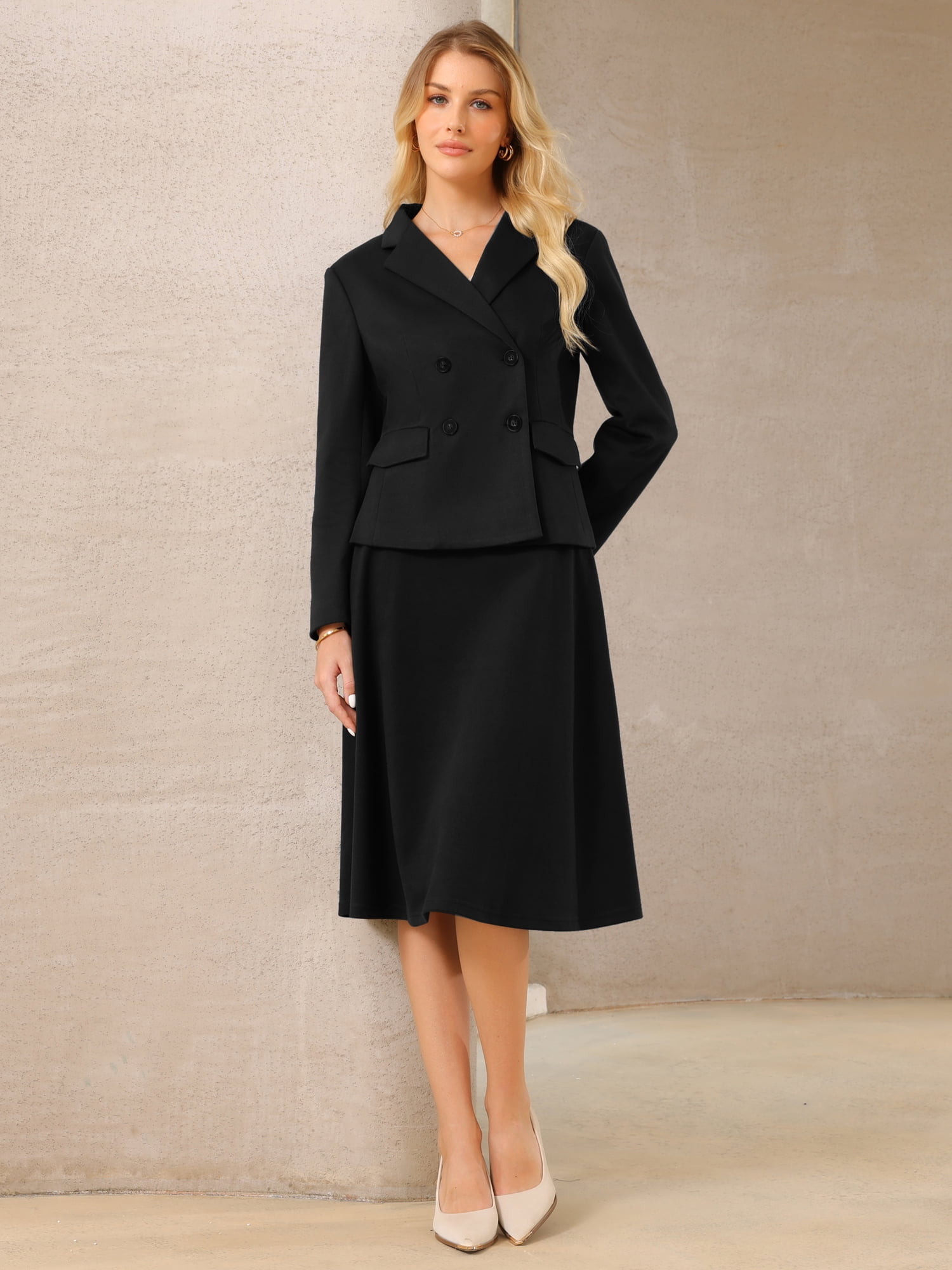 DARING DIVA Women's 2Pcs Double Breasted Blazers and A-Line Skirts Set S Black