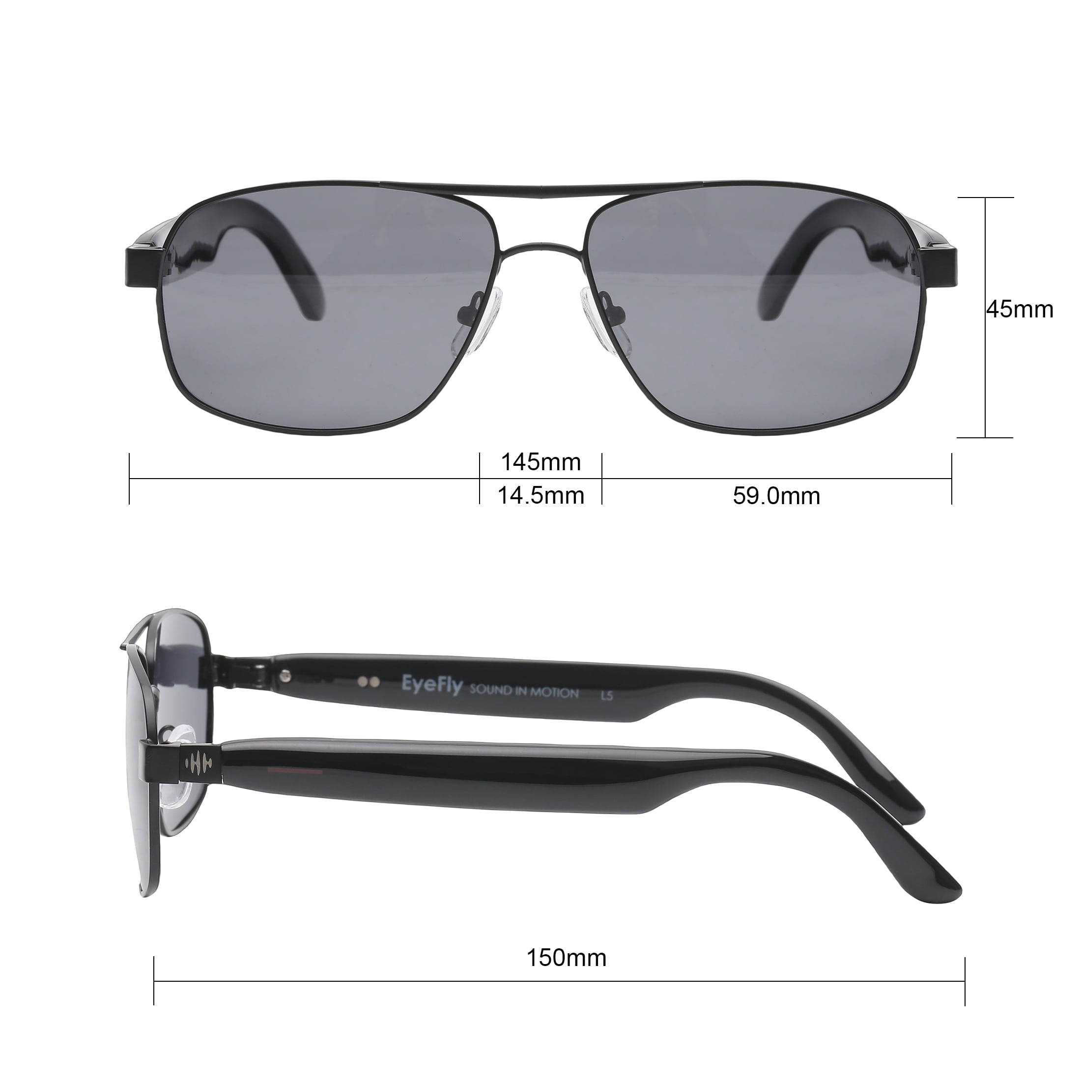 Eyefly Pulse Prescription Ready Bluetooth Rechargeable Mens Sunglasses, Matte Black, Includes Case