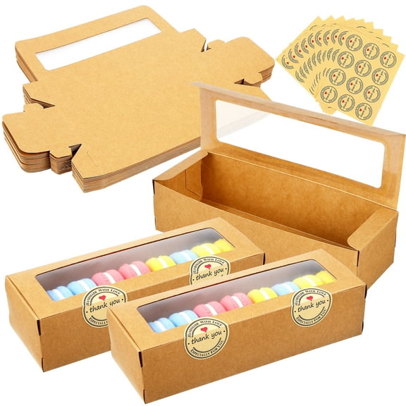 QIFULL 50 Pcs Macaron Boxes with Stickers Cupcake Boxes Brown for Home Users and Dessert Shop
