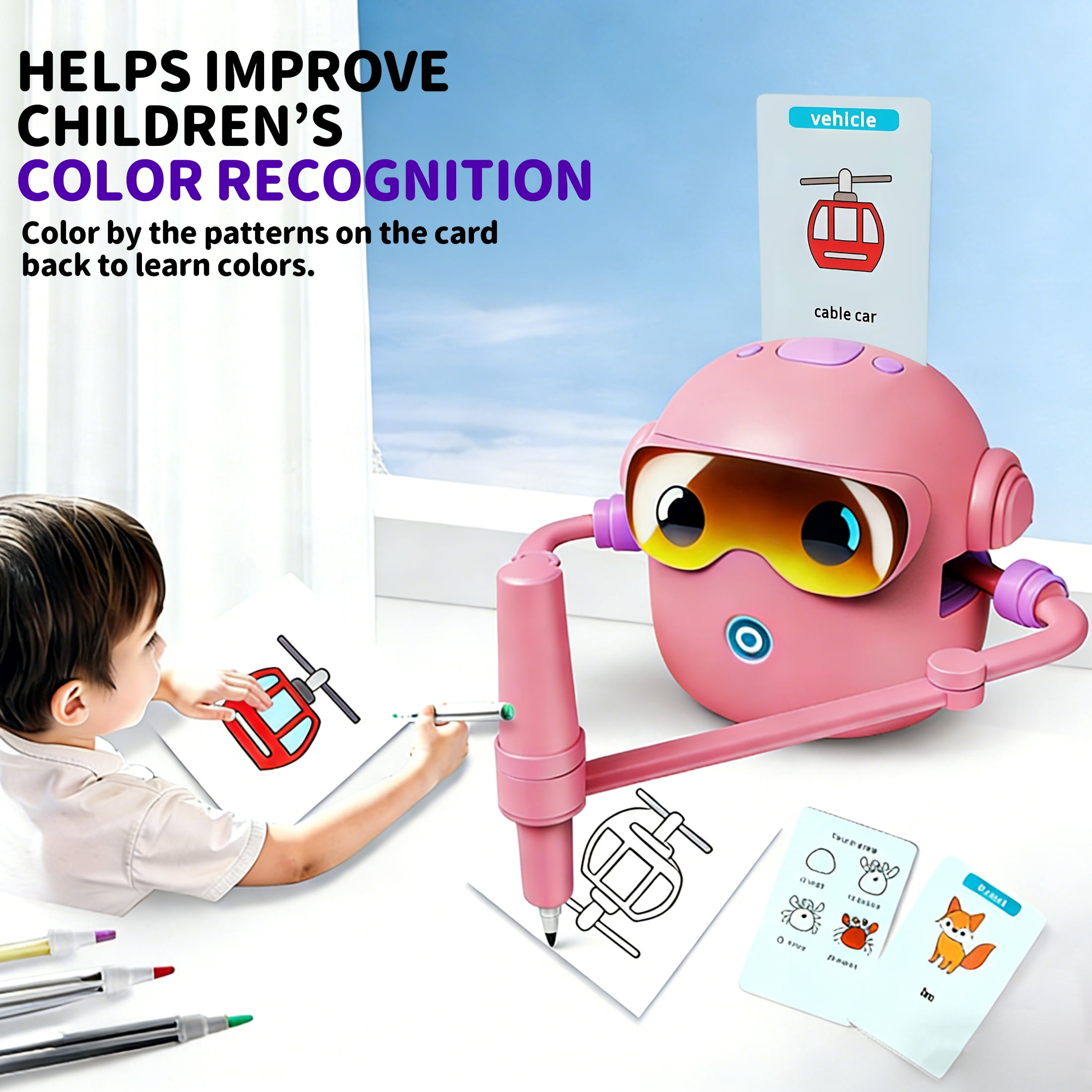 CYFW Robot Drawing Machine,Card-Insert Recognition Drawing Robot with 100 Picture Cards & 12 Colored Pens,Learning Educational Robot Toys,Fun Voice Interactive Robot,Pink