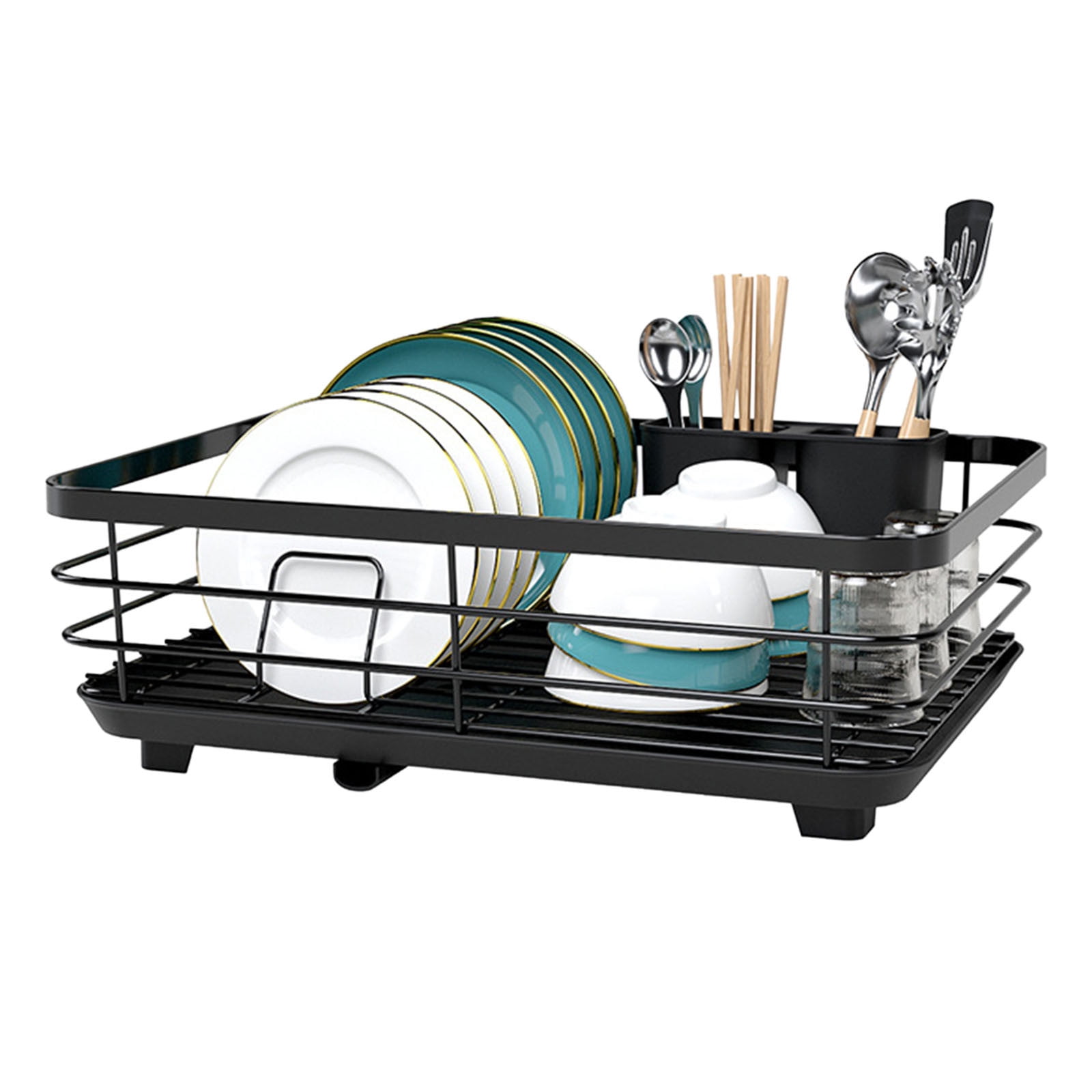Expandable Dish Drying Rack - Single Layer Dish Drainer with Cutlery Holder & Cup Holder - Large Capacity Countertop Organizer for Plates, Bowls - Auto-Draining Kitchen Dish Rack
