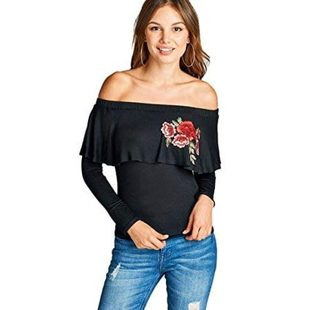 Embroidered Leather Jersey - Fashion Secrets Women`s Off The Shoulder Ruffle Embroidered Rayon Jersey Embroidered (Black, M)