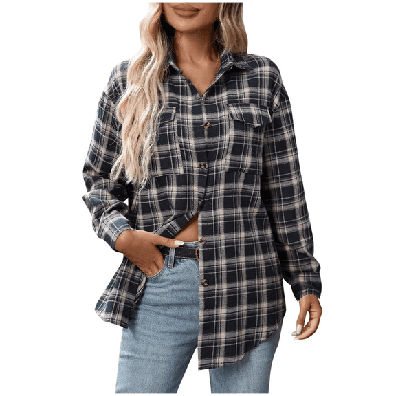 Plaid Flannel Button Down Shirts for Women Casual Loose Long Sleeve Blouse Womens Shacket Jacket Fall Fashion Tops
